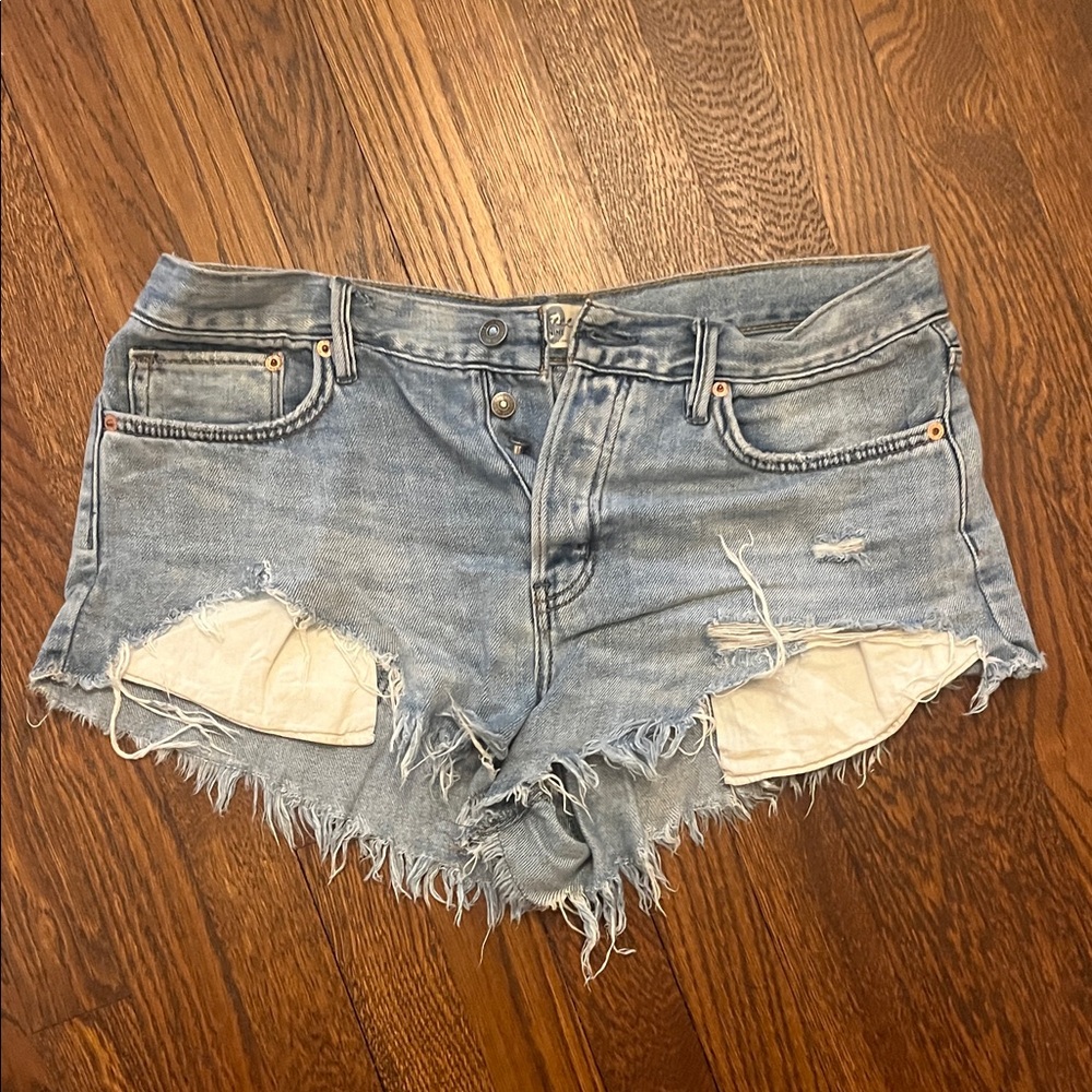 Free People Light Blue Distressed Jean Shorts